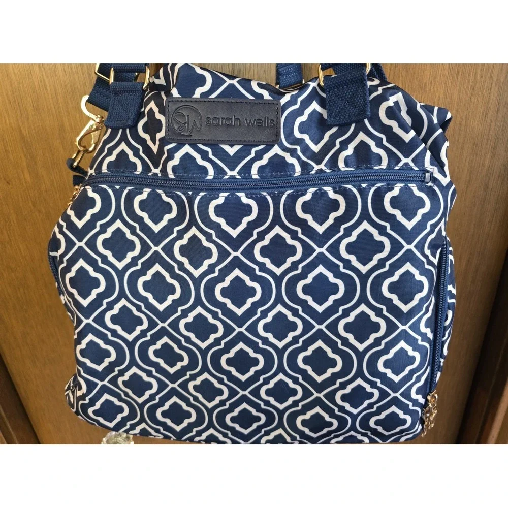 Sarah Wells Lizzie Navy White  & Gree  Pump Tote‎ Satchel